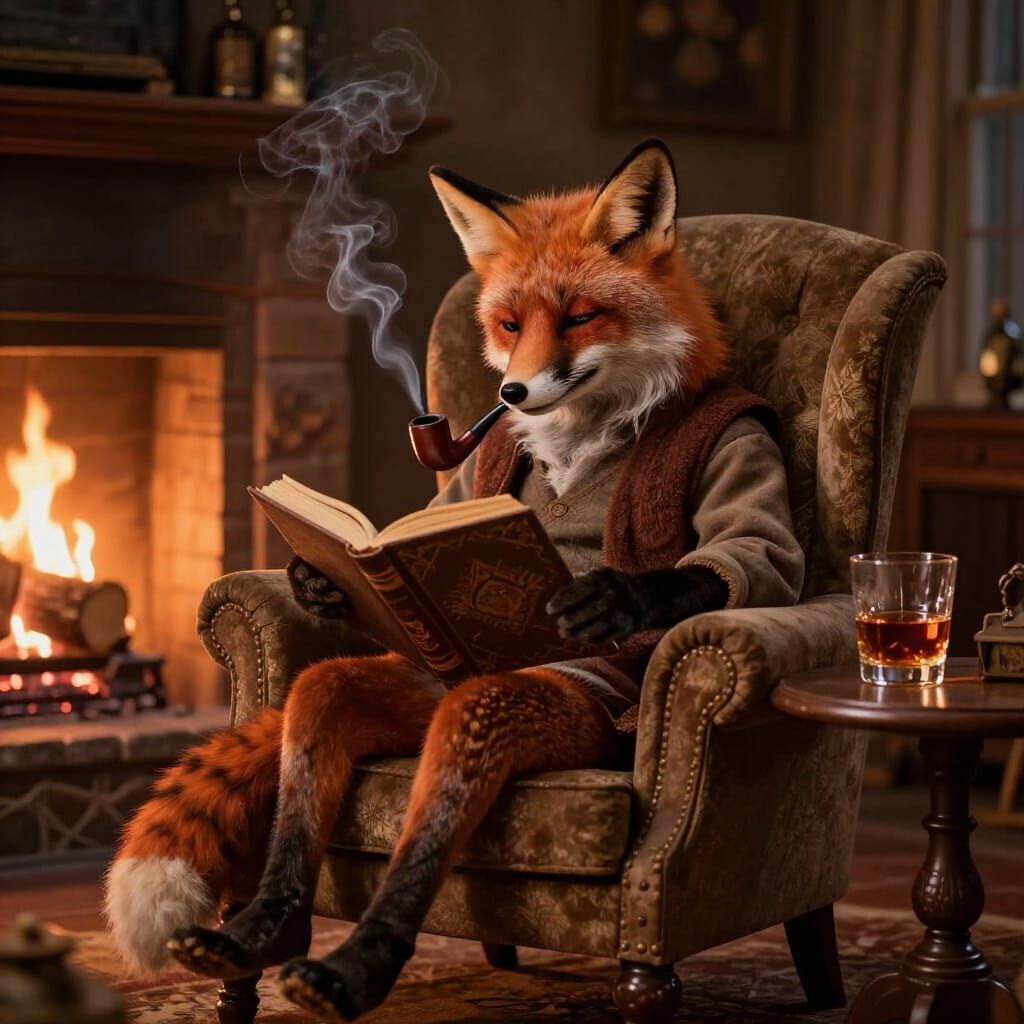 Elderly Fox Reads Magic Book by Fireplace in Photorealistic ...