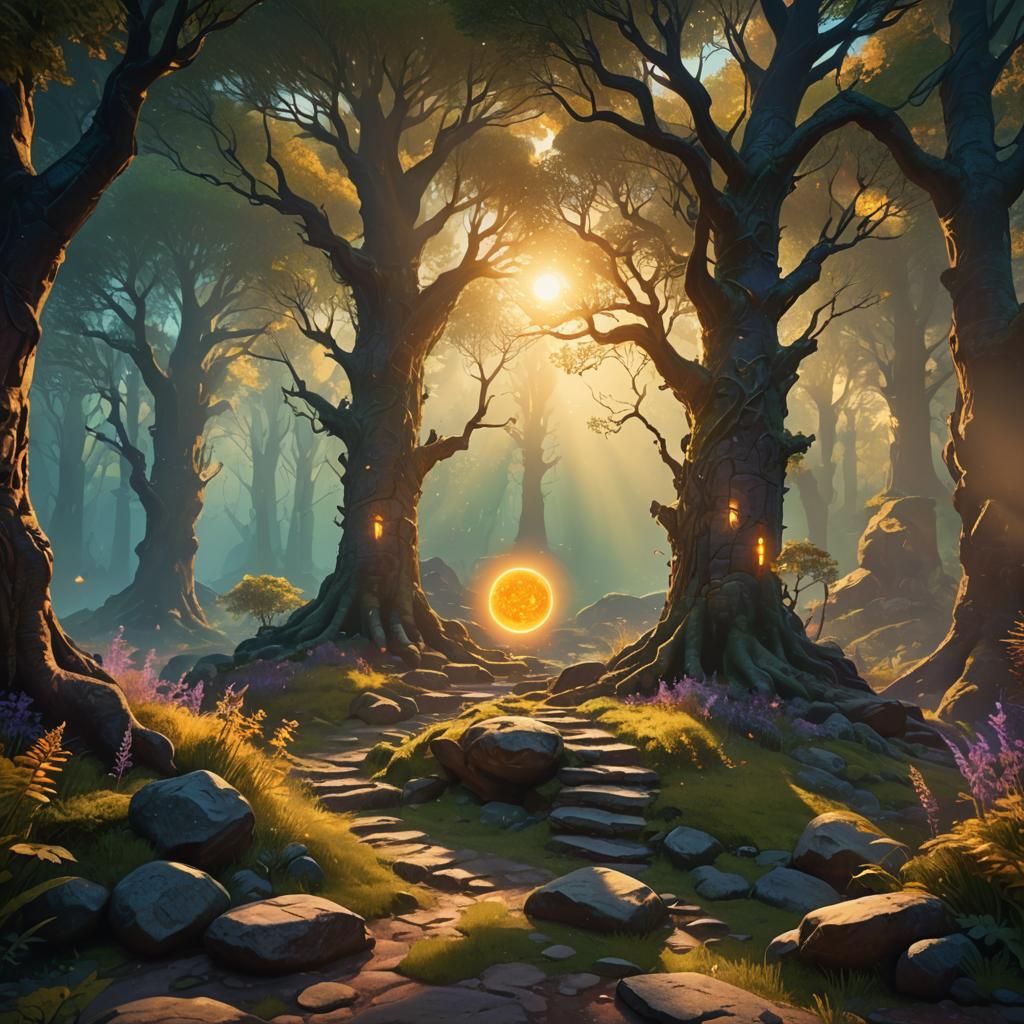 Mystical Sun Radiating Light in Dreamlike Fantasy