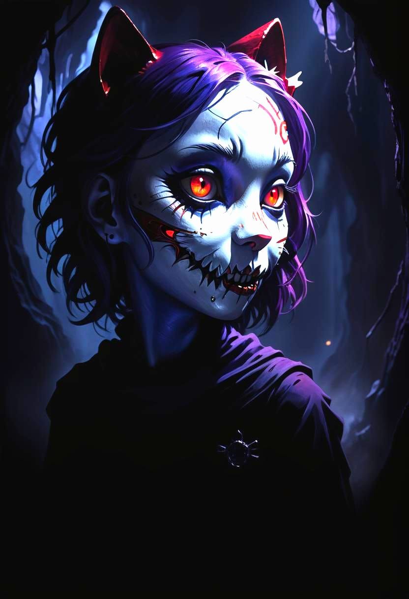 Hello Kitty with Fangs in Shadowy Underworld