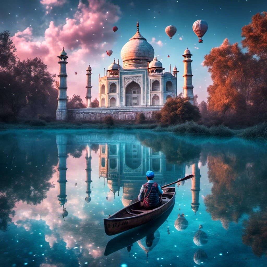 Taj Mahal in Eerie Pond with 'For Sale' Sign