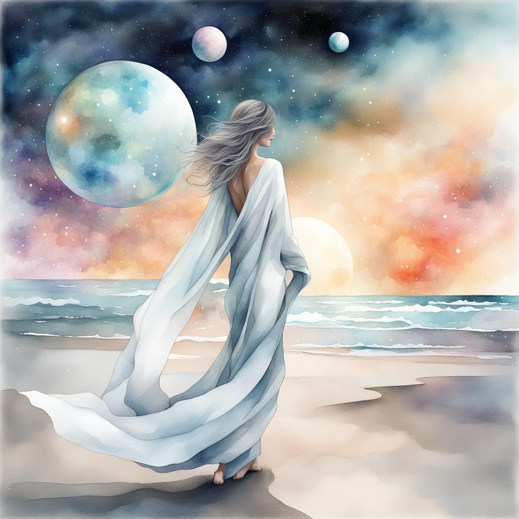 Woman on Beach at Night in Pastel Watercolor