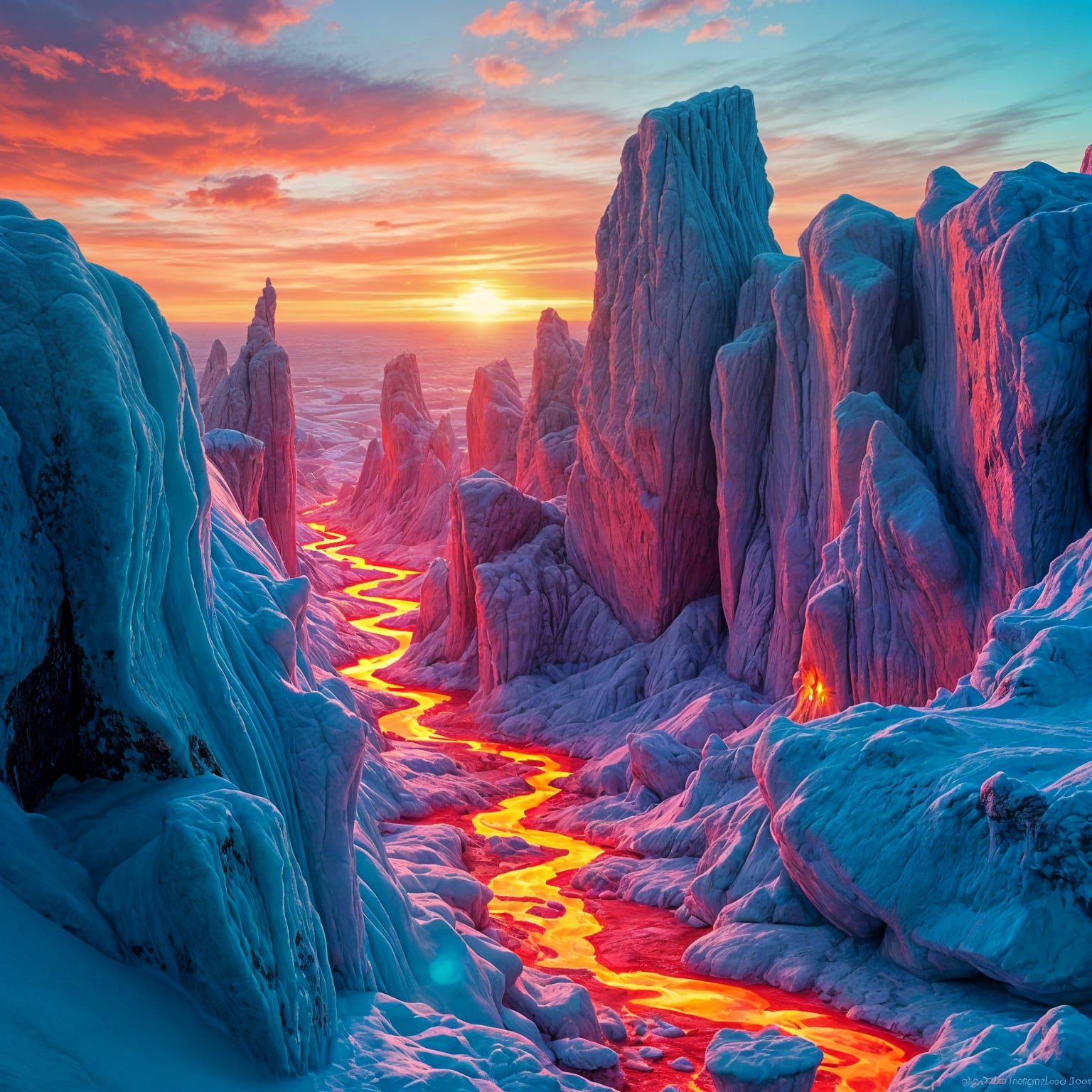 Dreamlike Realm of Fiery Crystal and Cerulean Blues