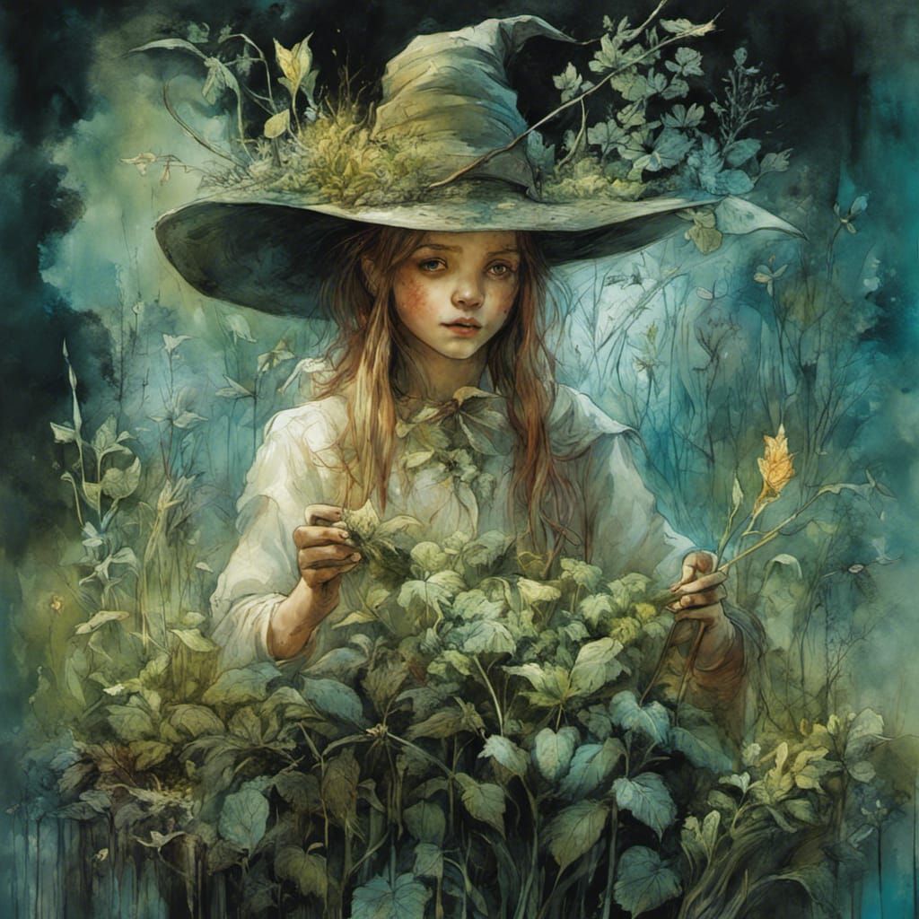 Enchanting Witch in a Magical Herb Garden
