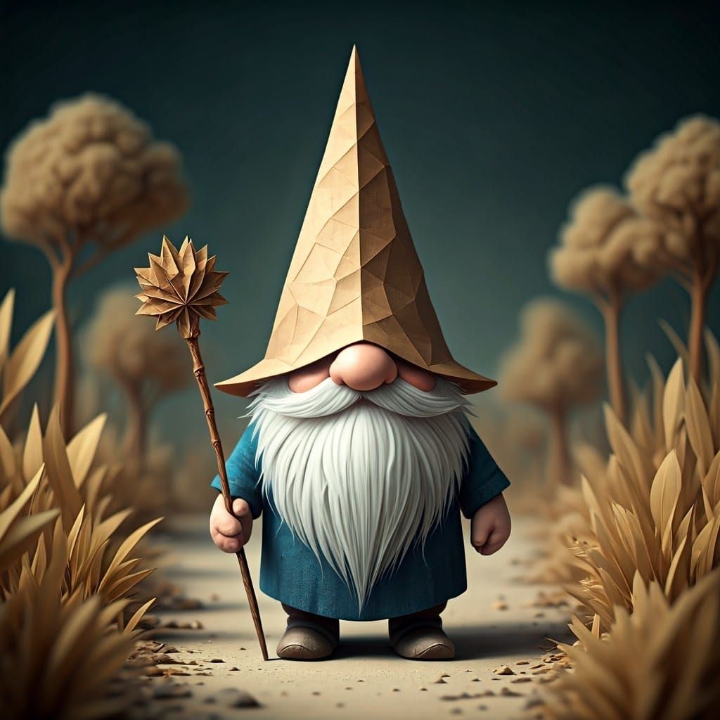 Whimsical Gnome in Papercraft Landscape