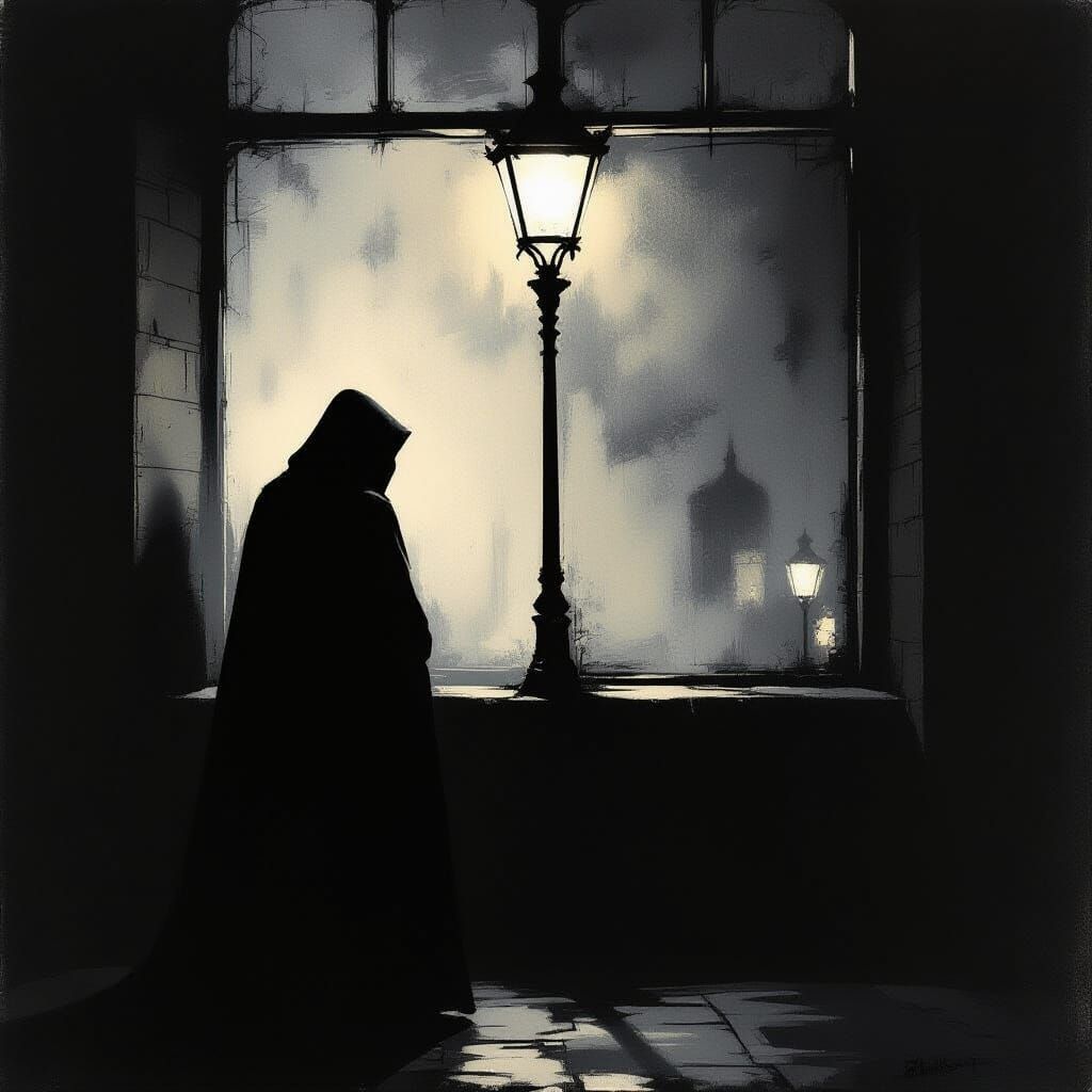 Cloaked Figure in Moody Chiaroscuro Scene
