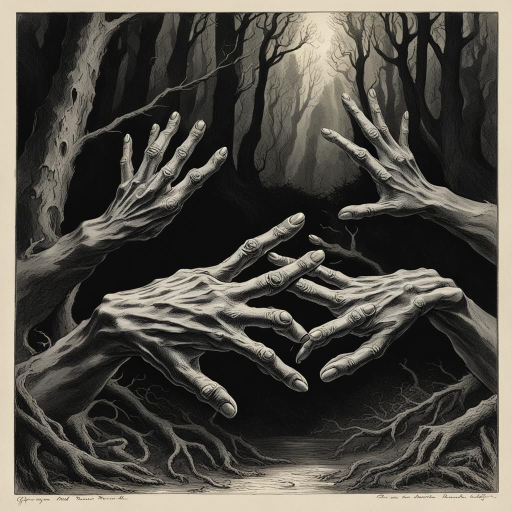 Clawed Hands Reach in Dark Woods: Horror Art