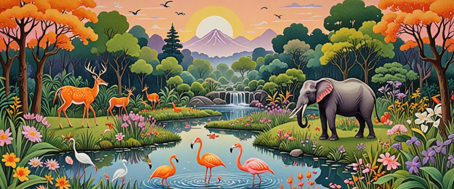 Mystical Forest Glade in Naive Folk Art Style