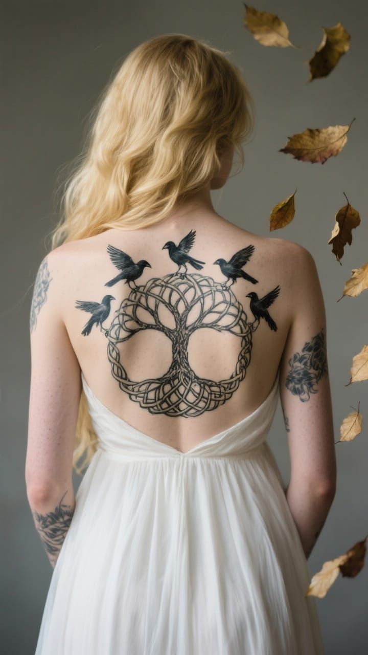 Woman's Back with Celtic Tree Tattoo in Hyperrealism