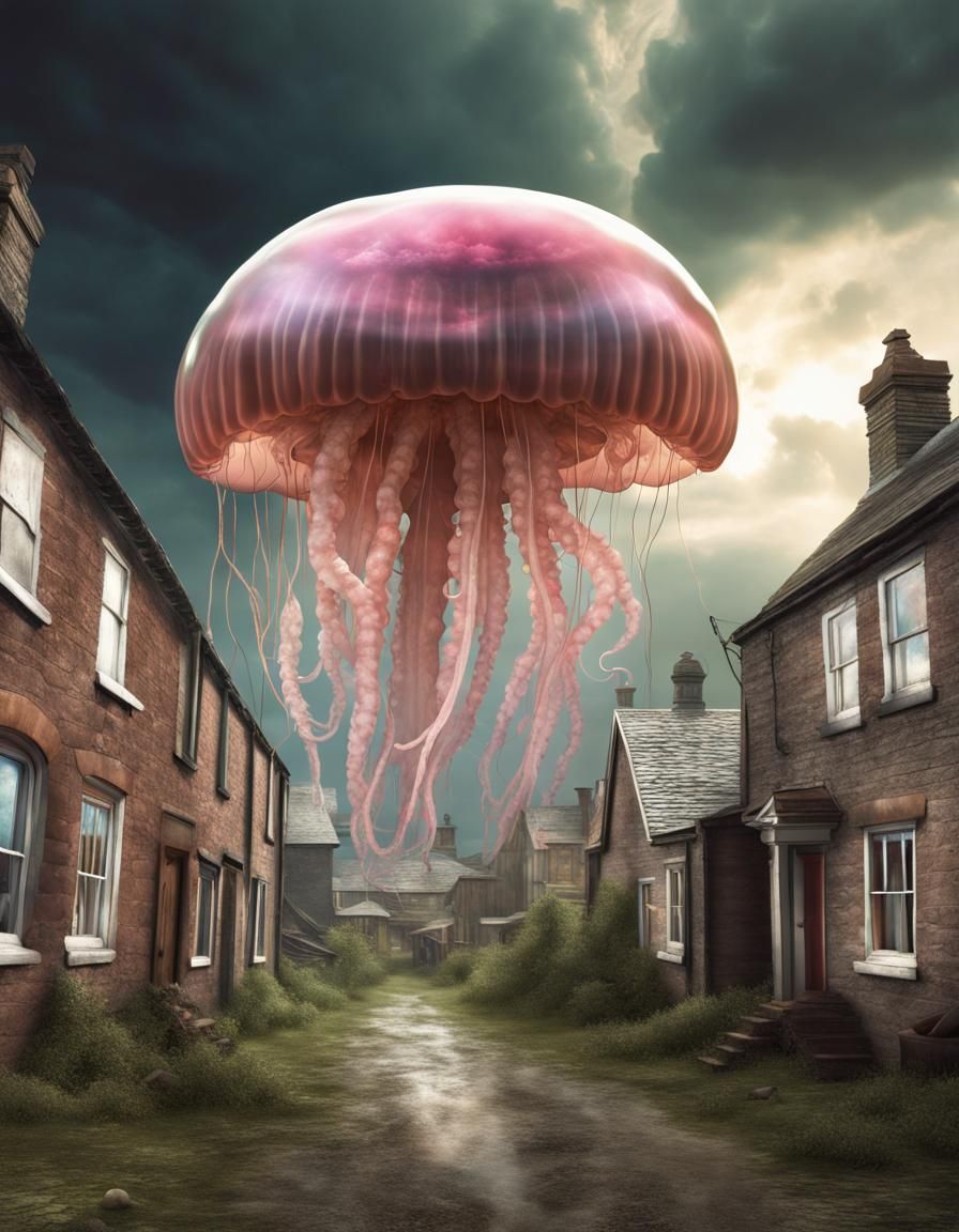 Surreal Floating Jellyfish over Dystopian Village
