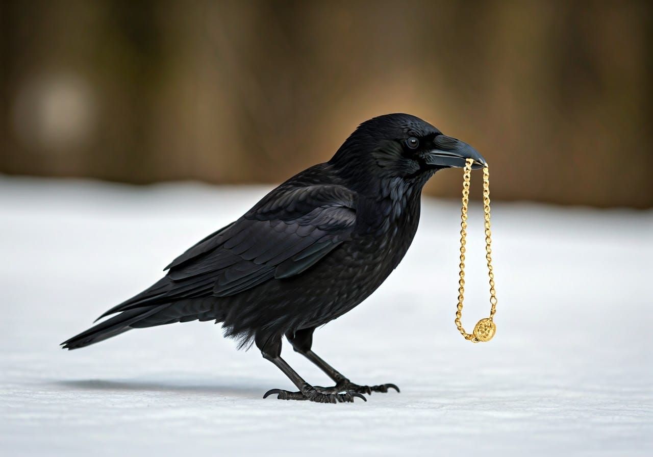 Crow Adorned with Jewelry on Snowy Ground