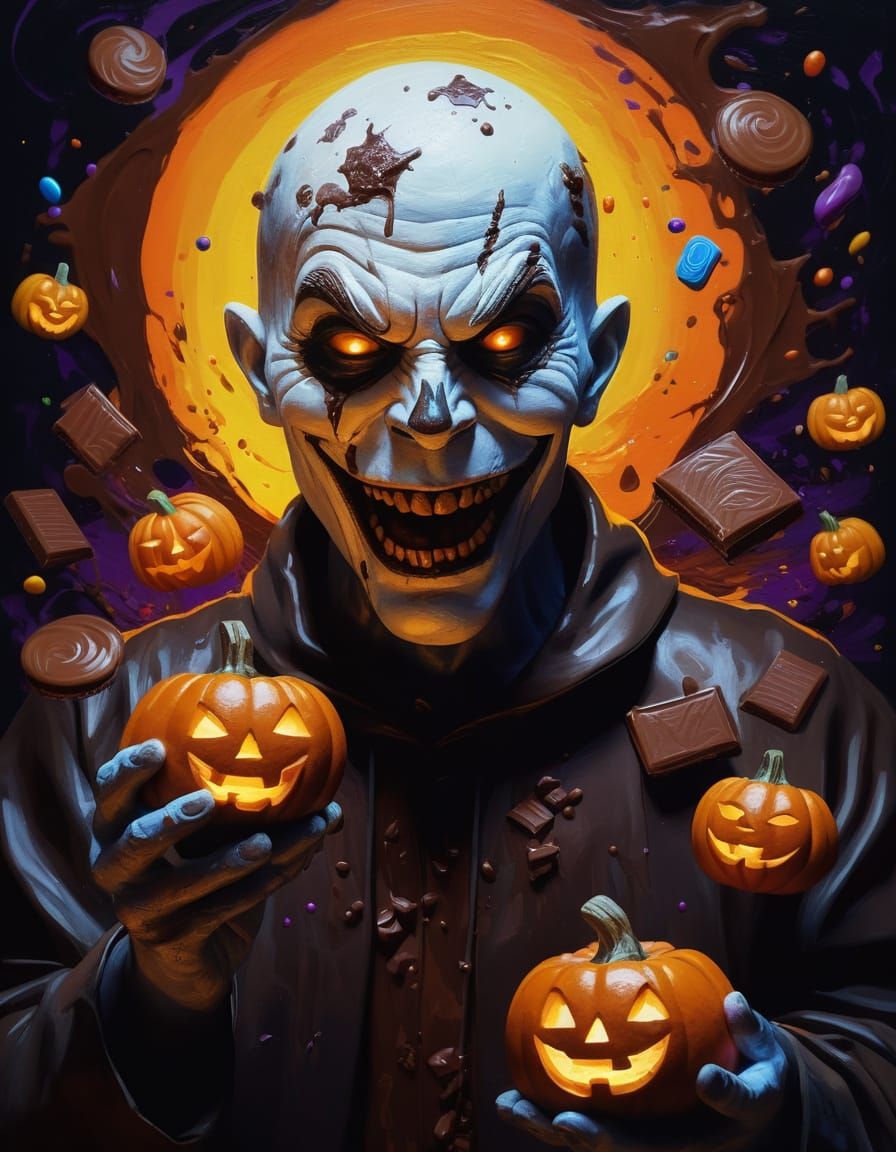 Halloween Character Collecting Chocolate in Oil Painting Sty...