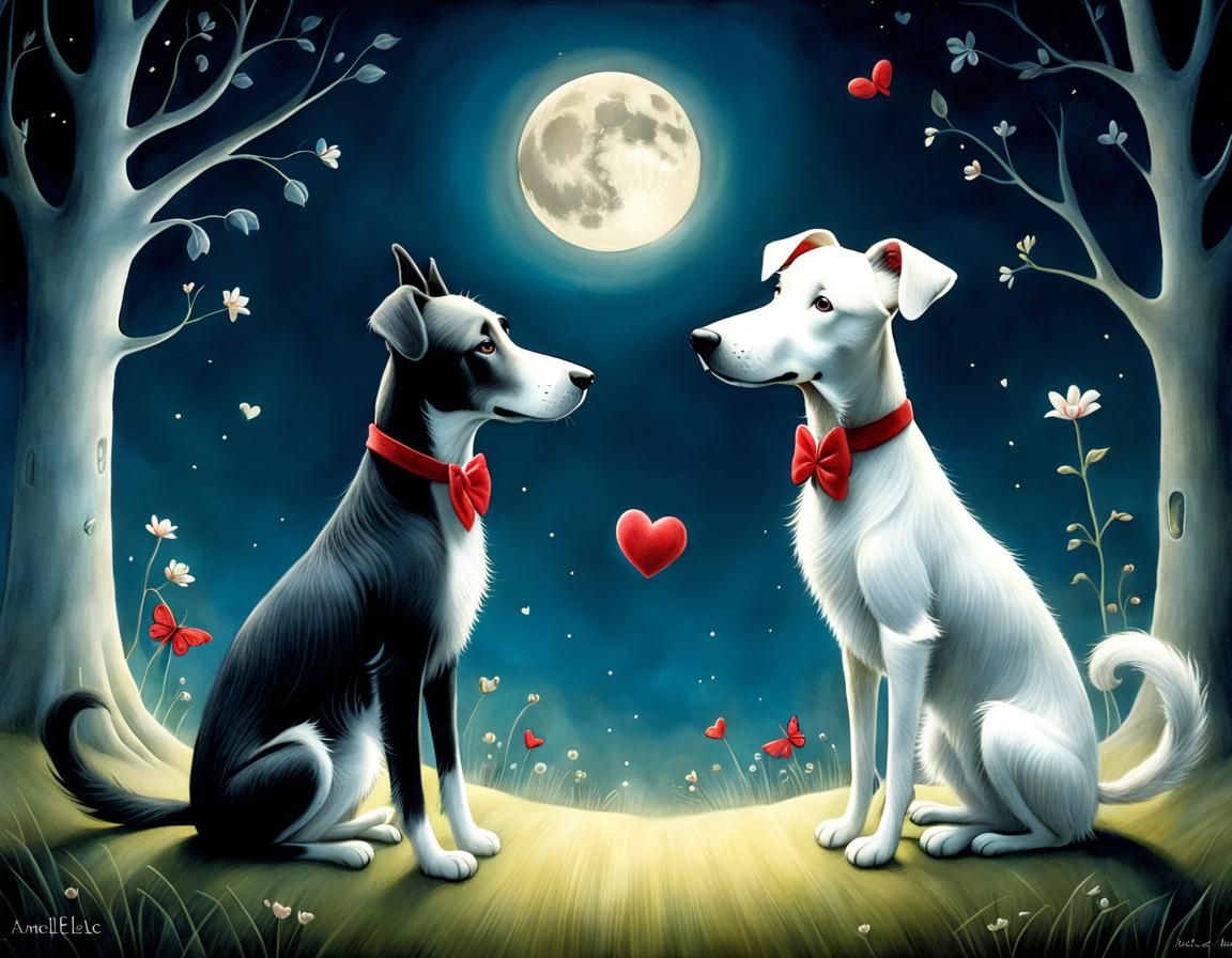 Dogs in Love: Whimsical Moonlight Illustration
