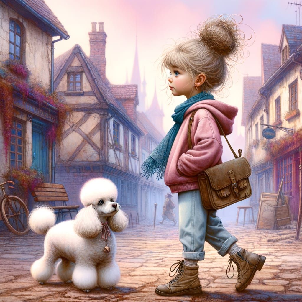 European Little Girl in Whimsical Village Scene, Intricate M...