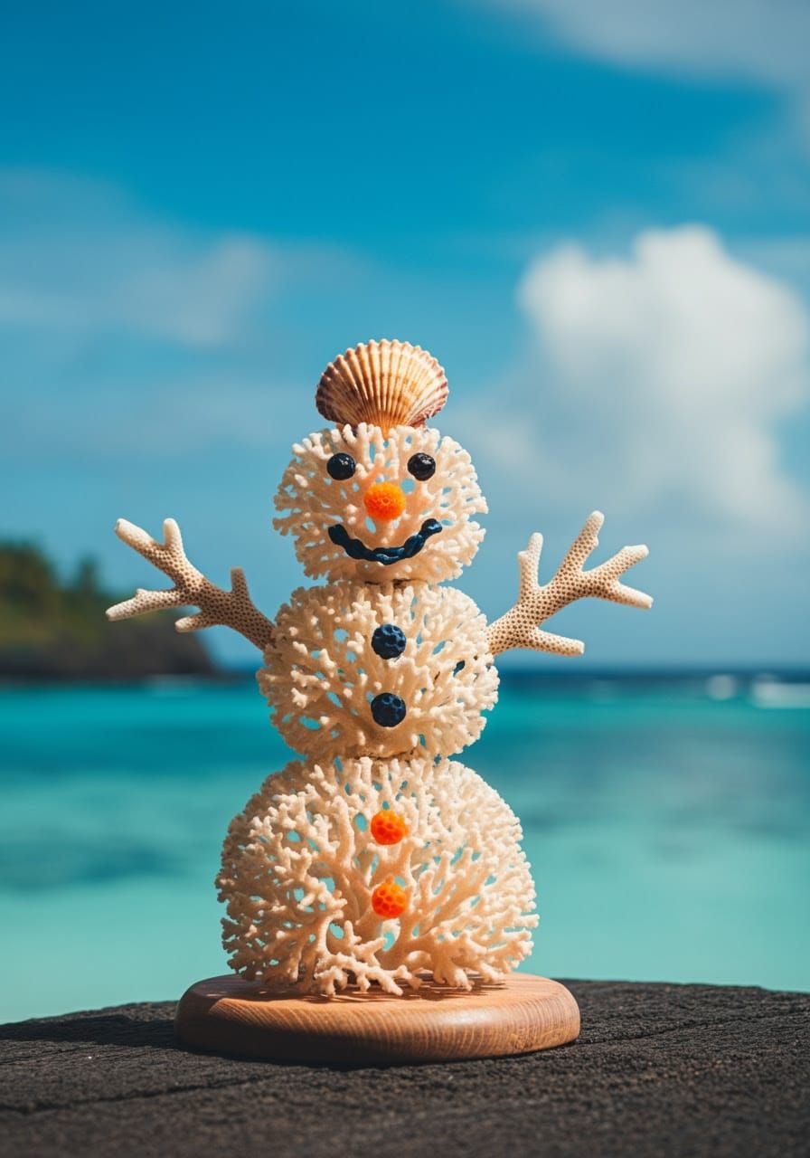 Vibrant Coral Snowman on Tropical Beach :: Cinematic Film St...