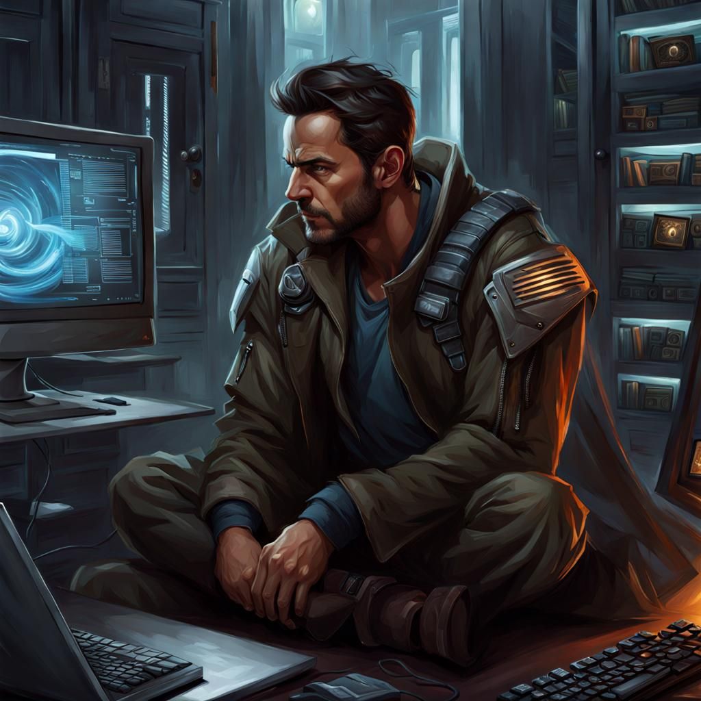 Man and Computer Screen in Fantasy Illustration Style