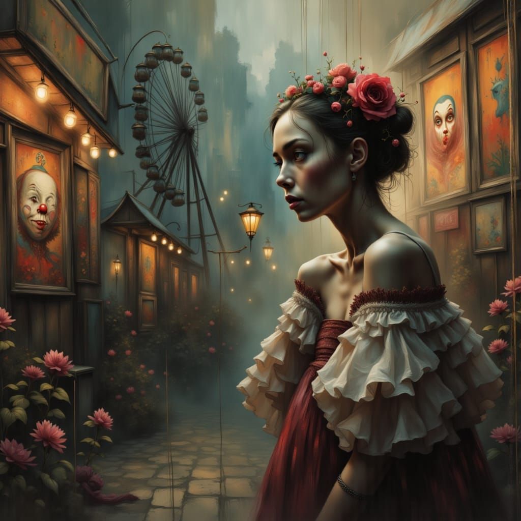 Mysterious Woman at Vintage Carnival in Layered Art Style