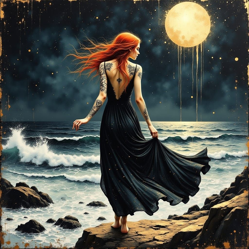 Red-Haired Druid Dancing Under Meteors in Oil Painting Style