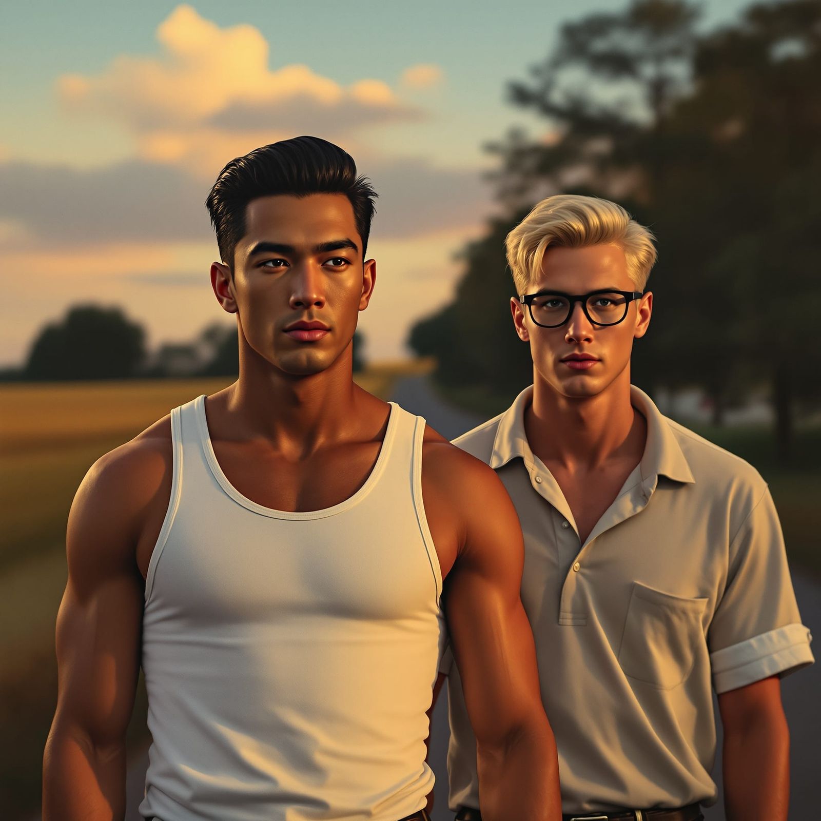 1950s College Men Walk Country Road at Dusk