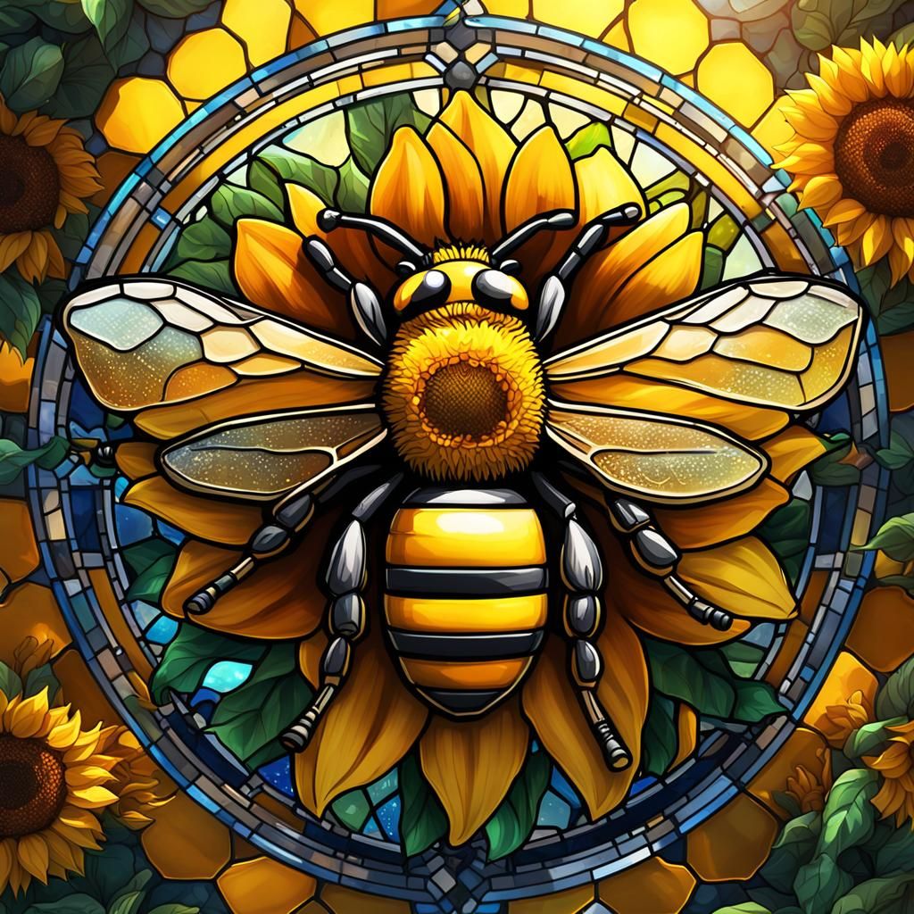 Honey Bee on Sunflower in Stained Glass Style