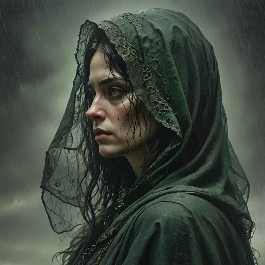 Gothic Horror: Veiled Woman in Rainy, Smokey Atmosphere