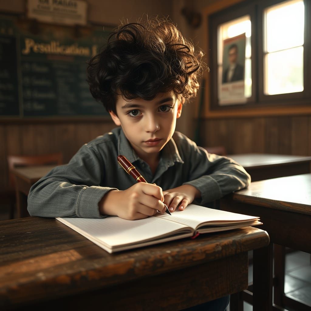 Italian Boy Studying in Old-World School: Documentary Style