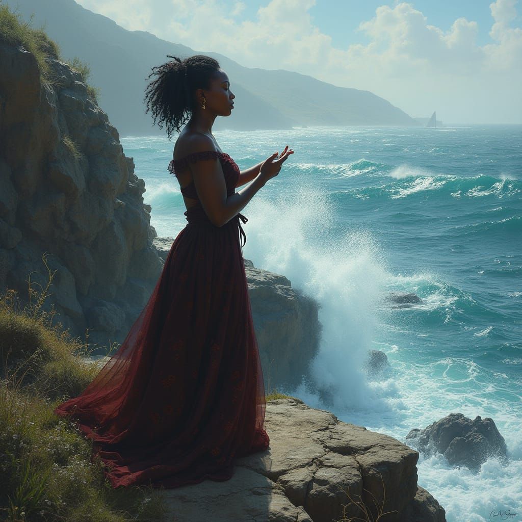 Dramatic Portrait of Woman Reciting Poem by Sea