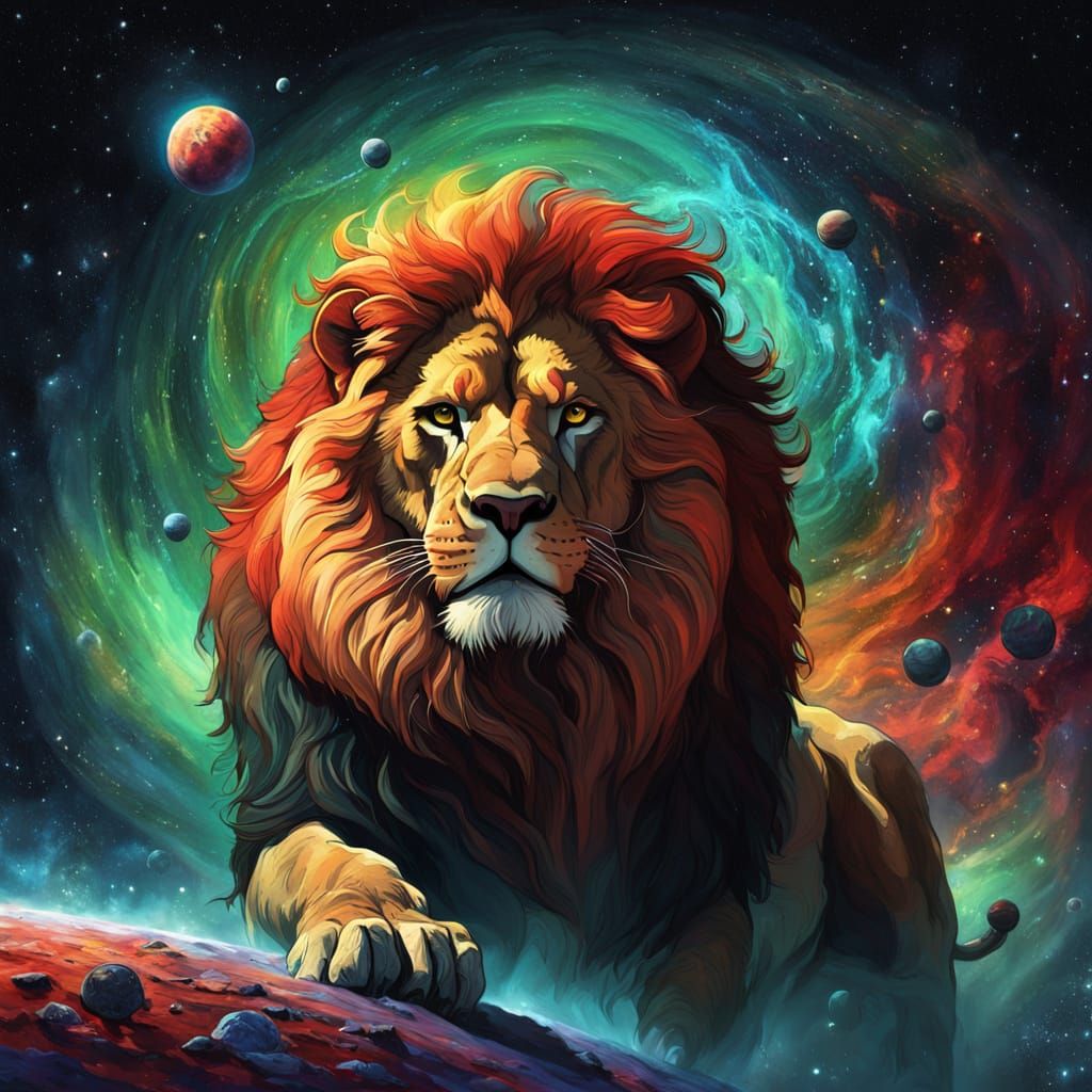 Majestic Lion Floats Through Cosmic Nebulae in Epic Fantasy ...