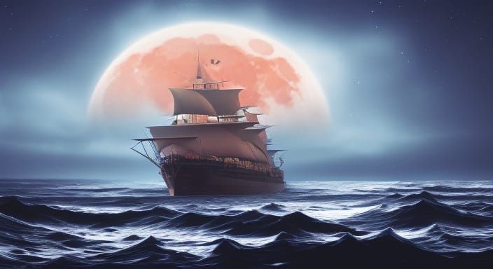 Blood Moon Over Ocean with Fantasy Ship