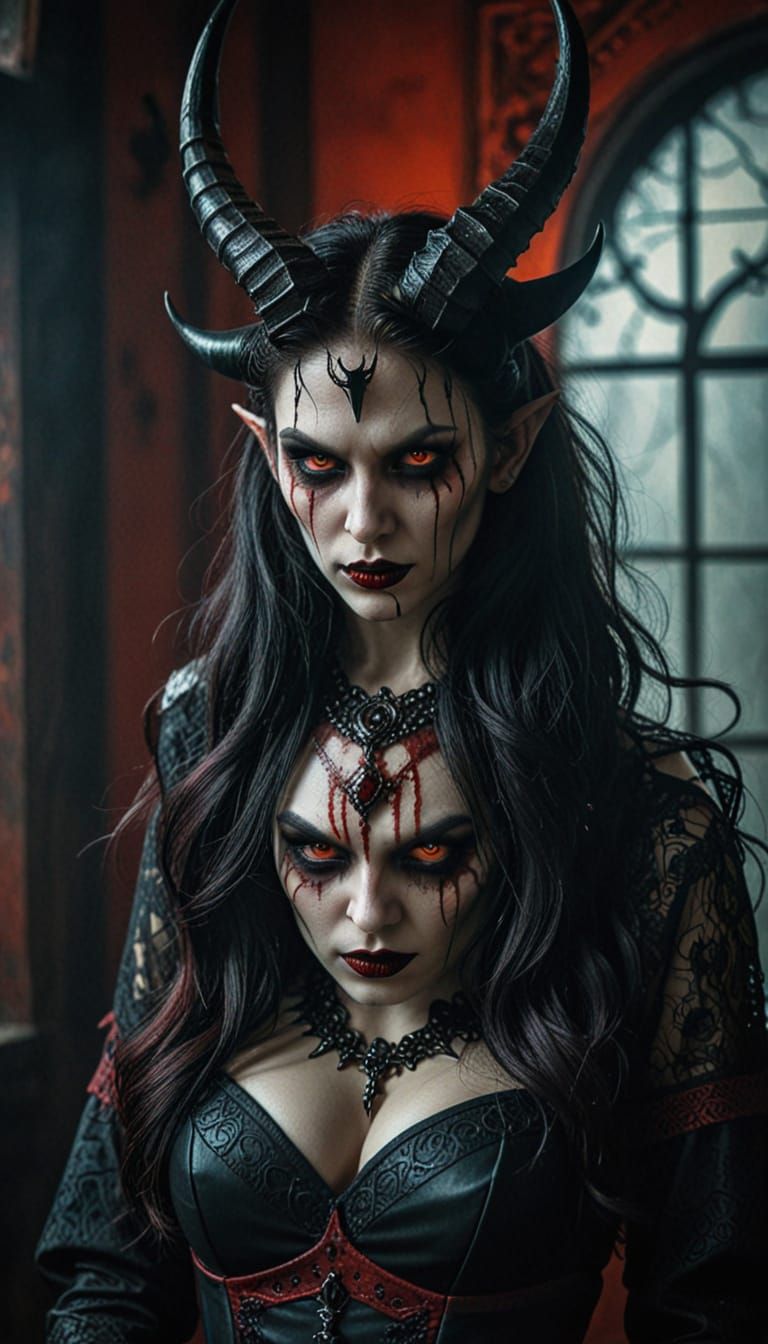 Demonic Woman in Gothic Style with Dramatic Shadows