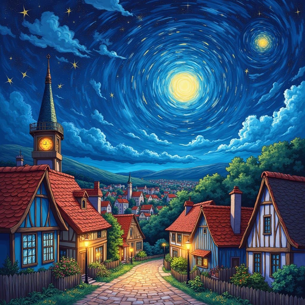 Surreal Van Gogh-Inspired Town Under Dreamy Night Sky