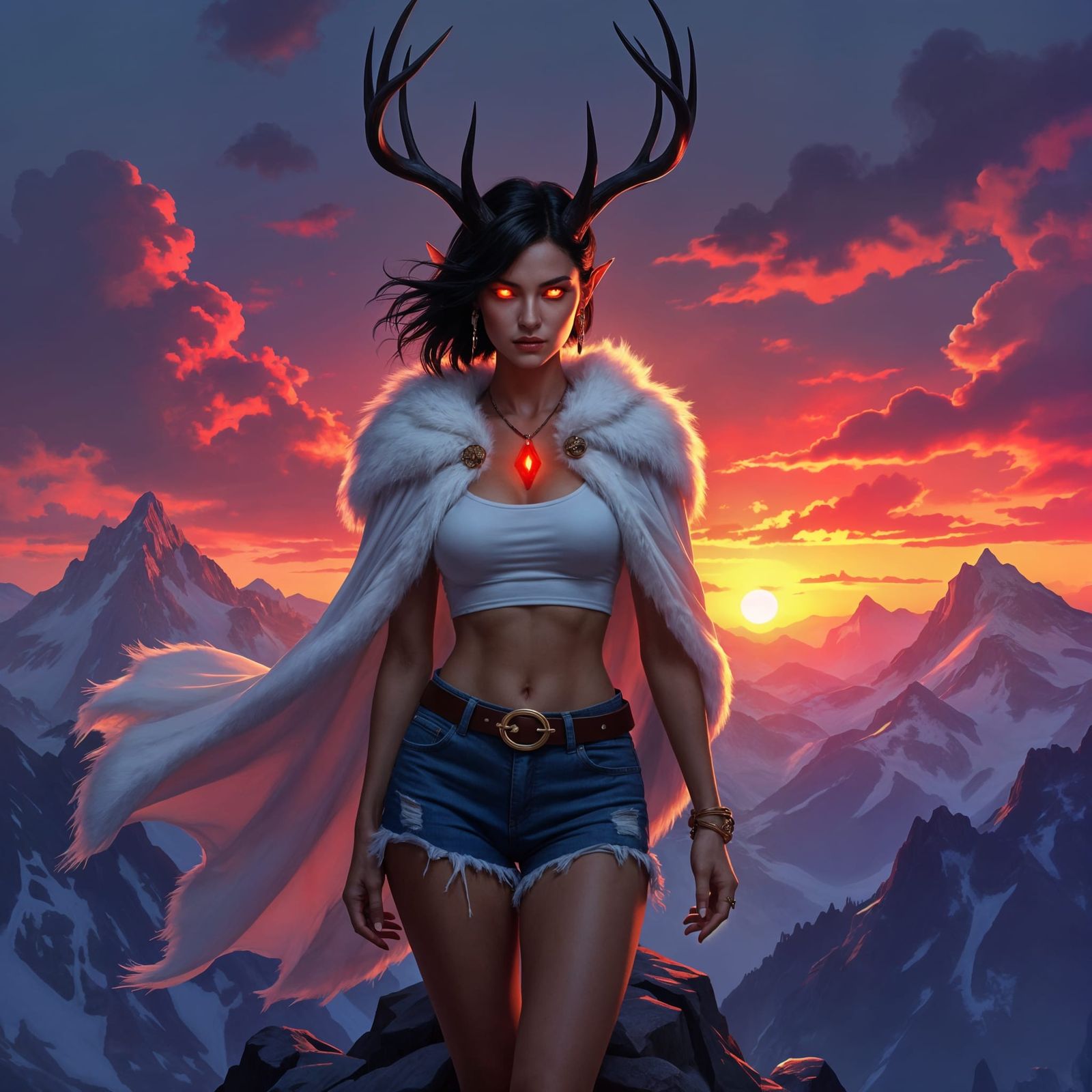 Antlered Woman on Mountain in Dark Fantasy Style
