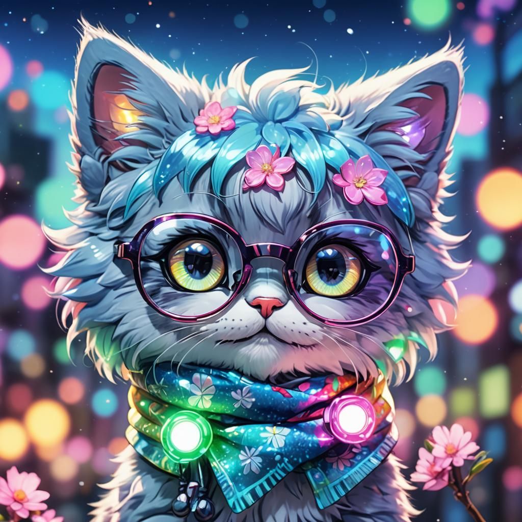 Chibi Cat in Manga Style with Neon Lights