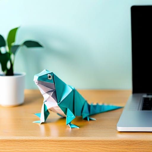 Origami Iguana on Desk: Detailed Papercraft Art