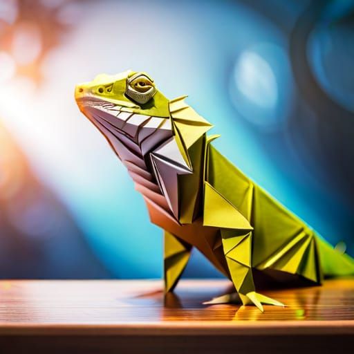Origami Iguana on Desk in 8K Resolution