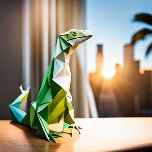 Colorful Origami Iguana on Stationery Desk