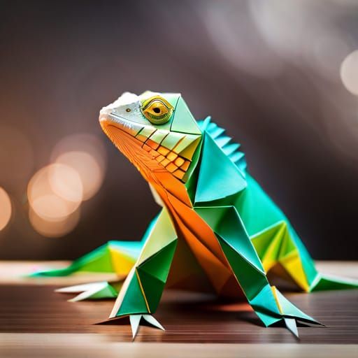 Origami Iguana on Desk in 8K Resolution