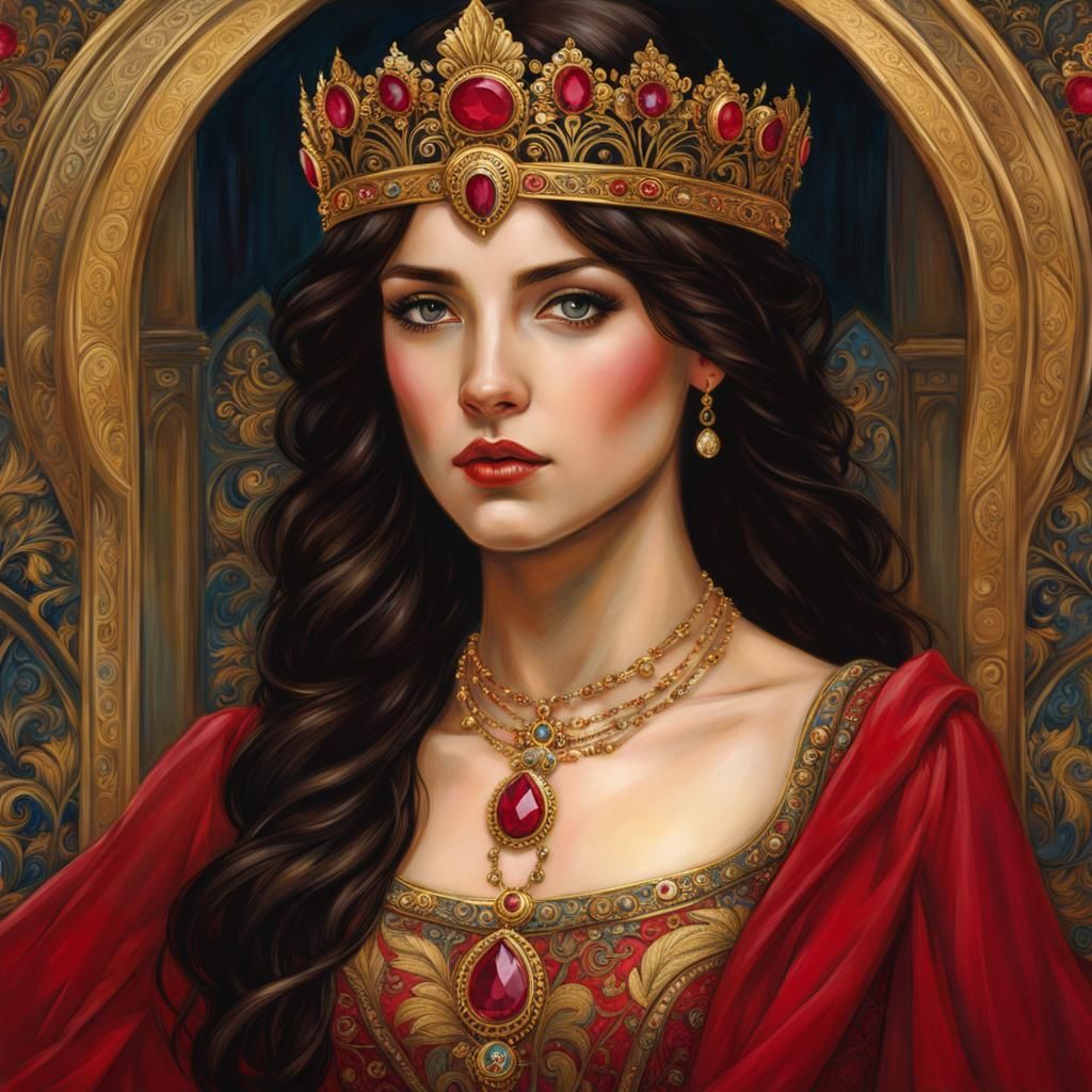 Medieval Princess with Ruby Crown in Waterhouse Style