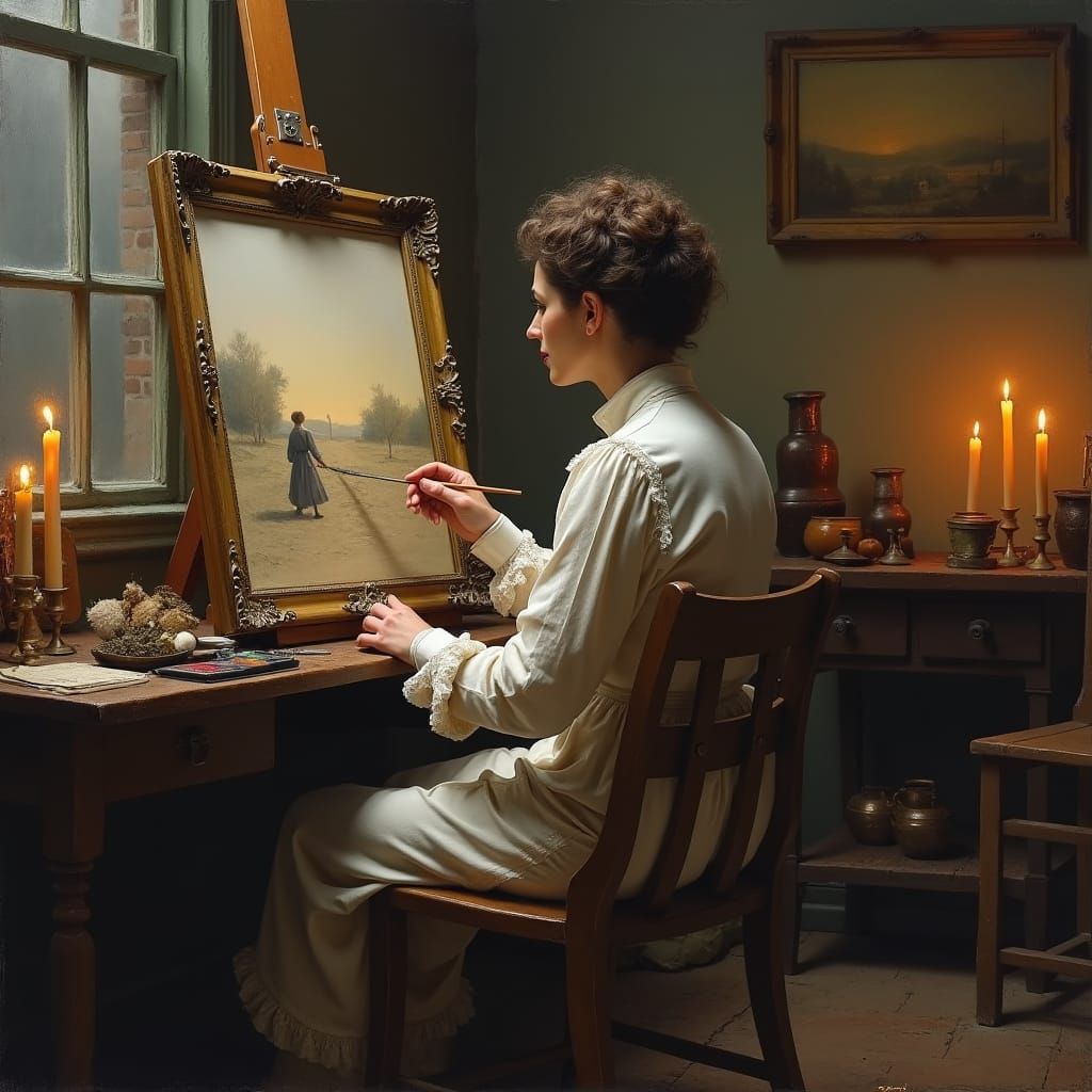 Artist Painting a Dreamlike Scene of a Forgotten Era