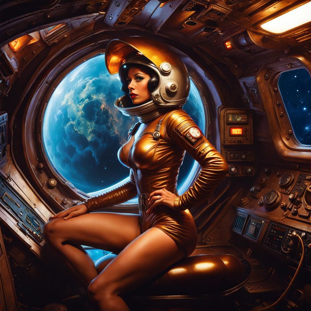 Retro Sci-Fi Pin-Up in Spaceship Interior
