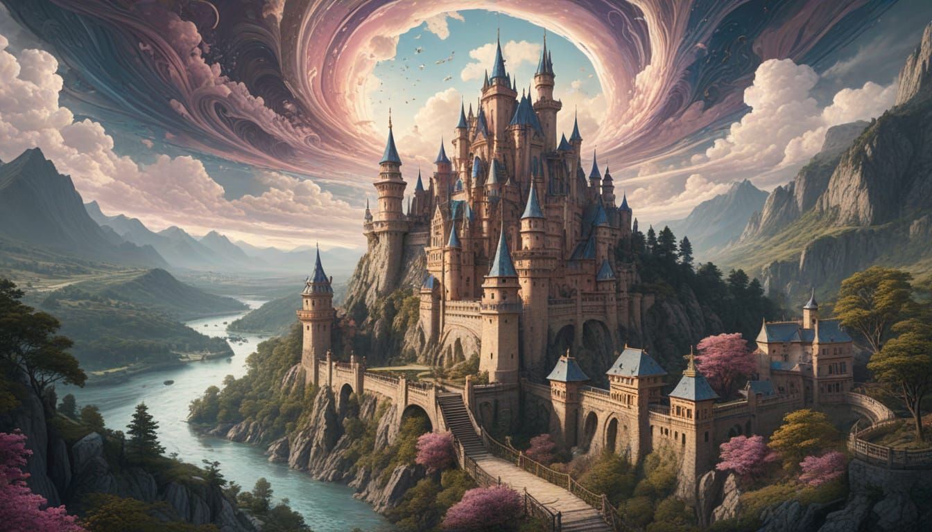 Fantasy Castle in Whimsical Pen and Ink Style