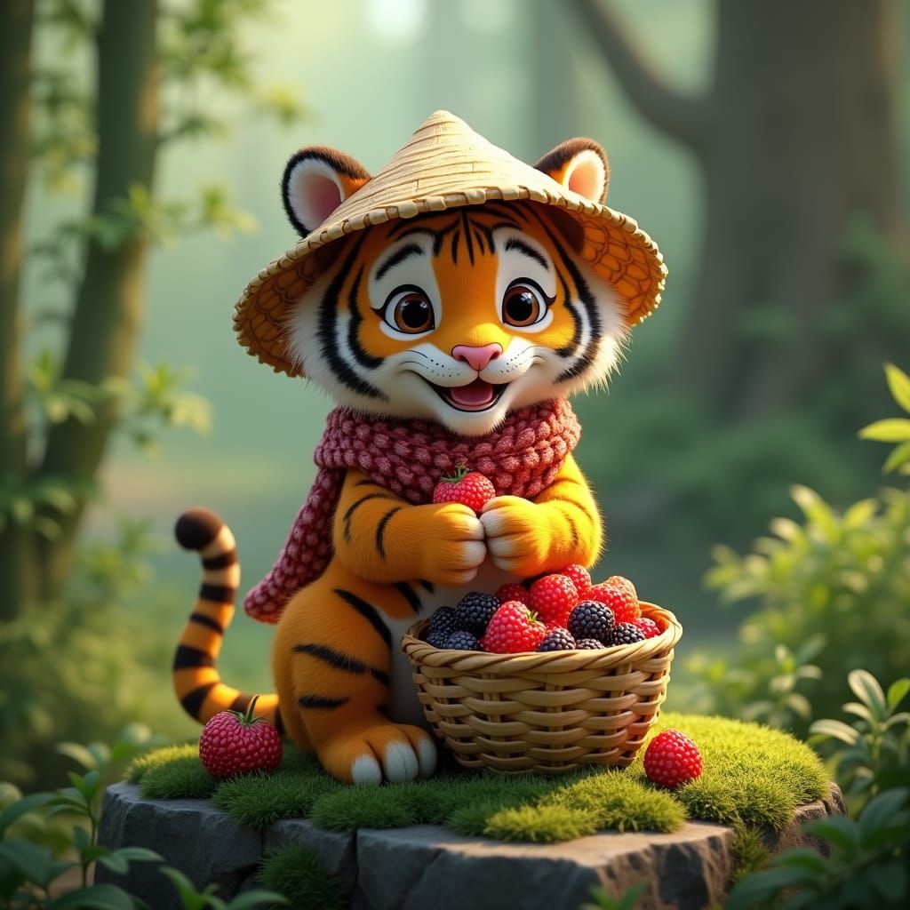 Baby Tiger Enjoying Berries in Fantasy Forest