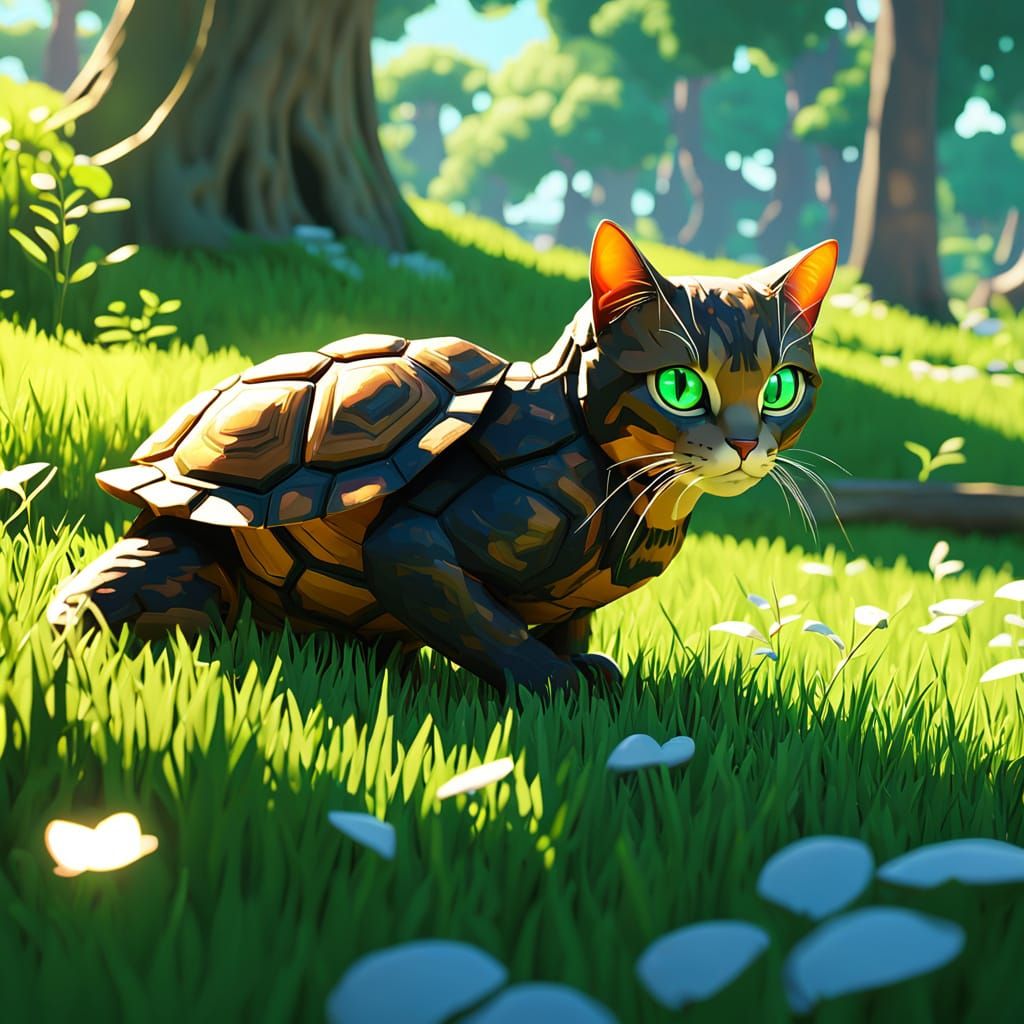 Tortoiseshell Cat Stalking Pigeon in Anime Style