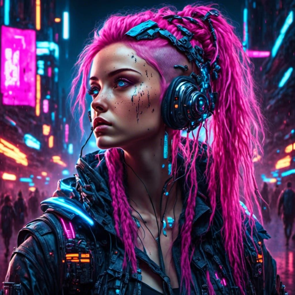 Cyberpunk Girl with Pink Hair at Dawn