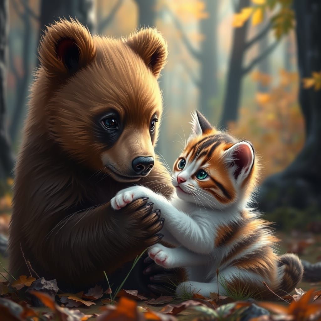 Hyperrealistic Brown Bear Cub and Kitten in Forest Play