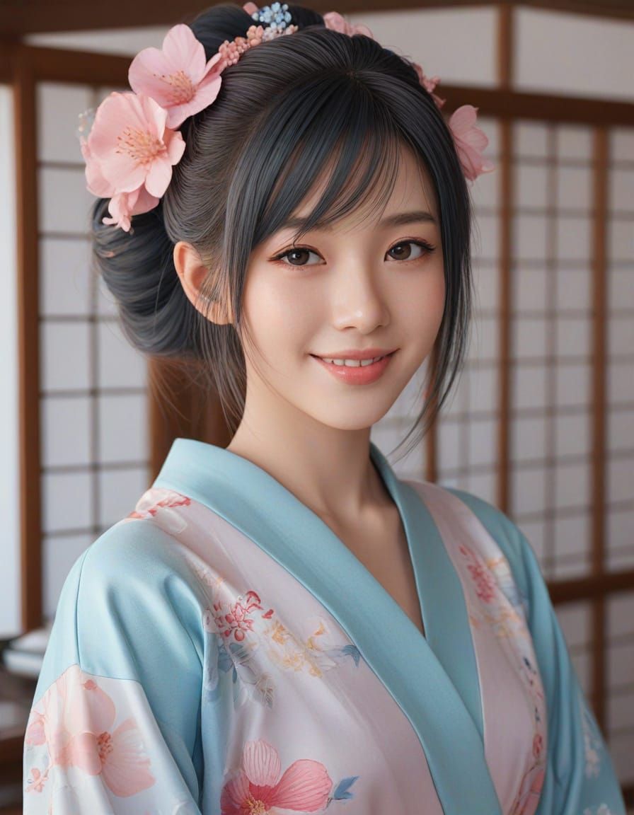 Anime Girl in Kimono: 3D Art with Pastel Colors