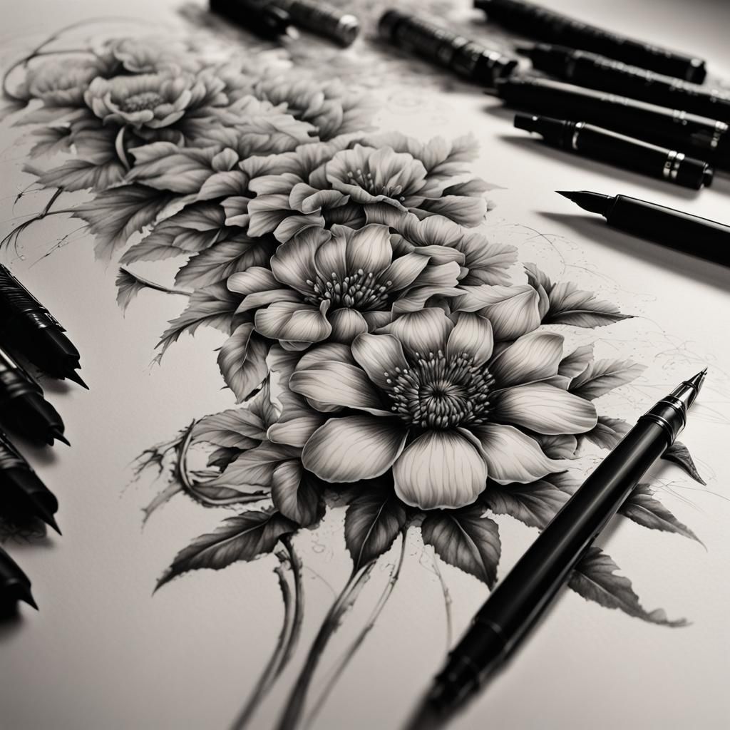 Black Ink Calligraphy Flowers on Paper