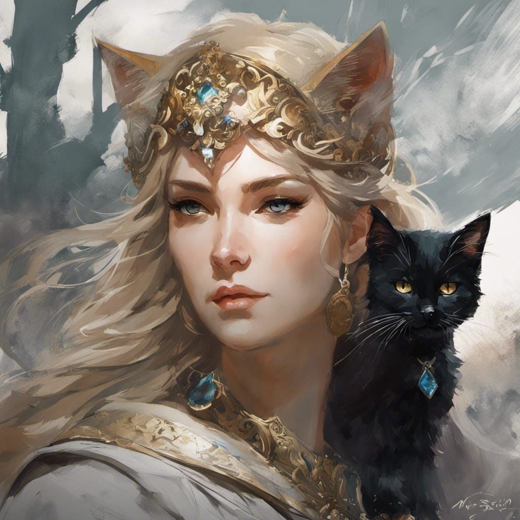 Goddess Freya with Cats in Watercolor Style