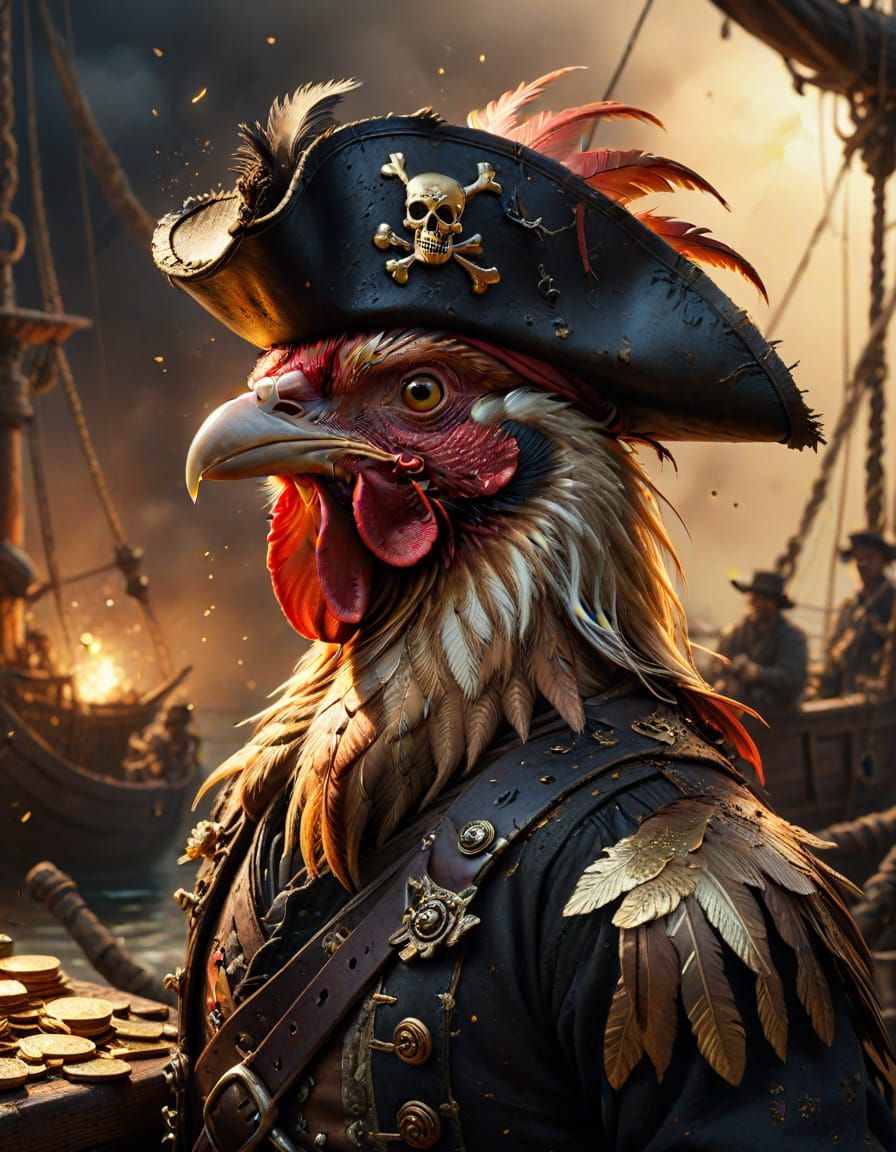 Pirate Rooster in Rembrandt-Style Oil Painting