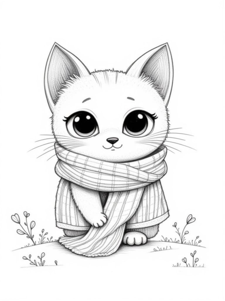 Whimsical Kitten in Cozy Scarf, Fine Pencil Sketch