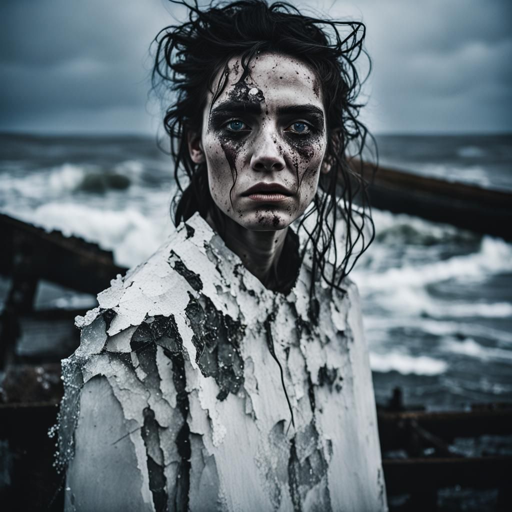 Gothic Model in Post-Apocalyptic Seascape, Photojournalistic...